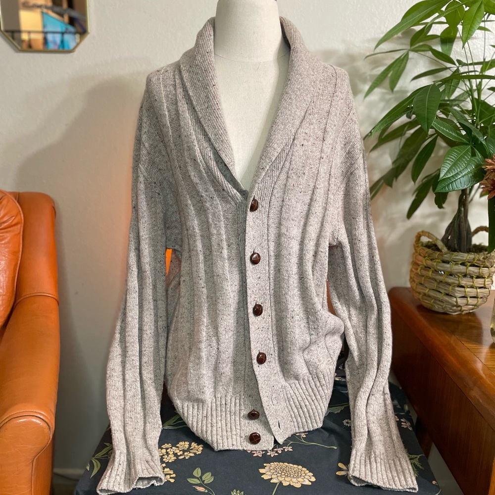 Jos. A. Bank oatmeal shawl collar cardigan with elbow patches